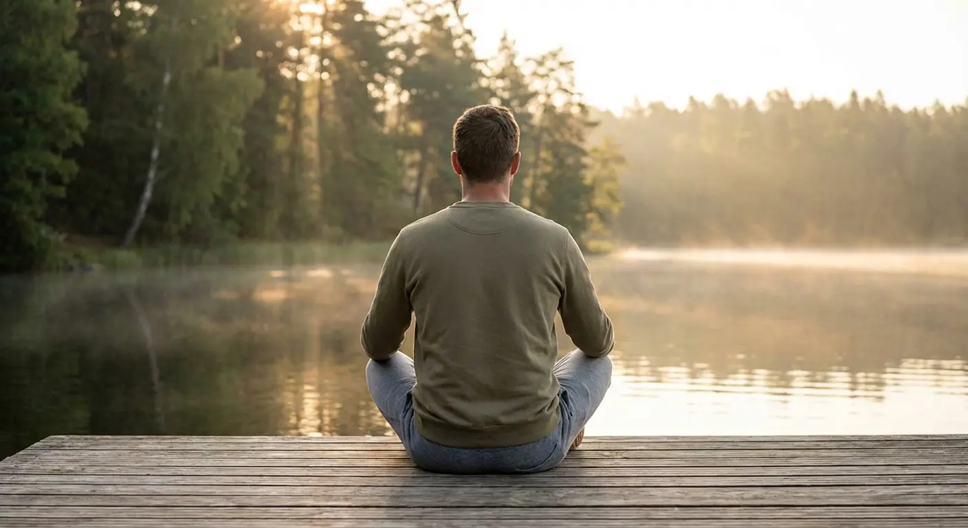 Muž sedící v klidné pozici z bočního profilu v přírodním prostředí, symbol psychické odolnosti, klidu a zvládání stresu